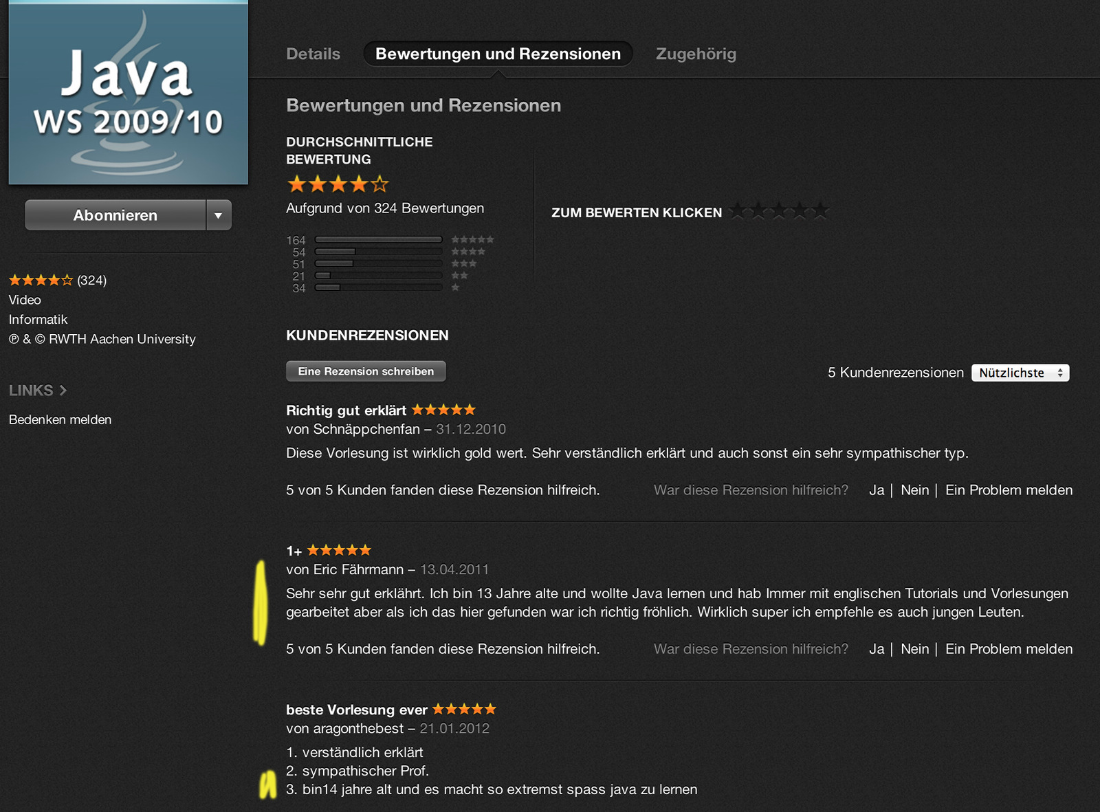 Bewertungen zur Java-Vorlesung der RWTH von 13- und 14jährigen!, Bild: Bildschirmfoto 04.03.2013