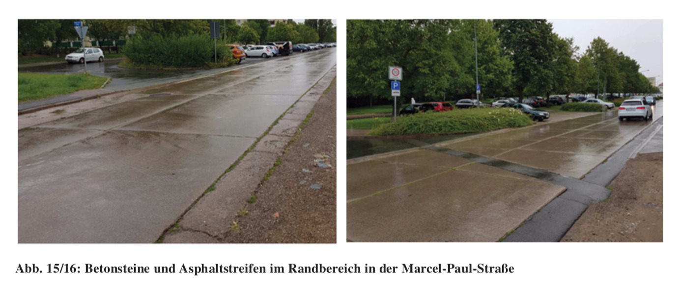 Abb. 15/16: Betonsteine und Asphaltstreifen im Randbereich in der Marcel-Paul-Straße, Bild: Radverkehrskonzept Weimar 2030