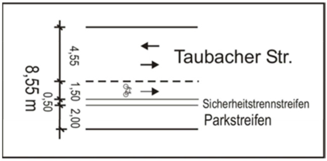 Abb. 26: einseitiger Schutzstreifen mit Sicherheitsabstand zum ruhenden Verkehr auf der Taubacher Straße, Bild: Radverkehrskonzept Weimar 2030